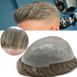 Mens Toupee with Human Hair System 0.06mm Natural Thin Skin Toupee for Men 8x10 inch Human Hair Replacement Hairpieces for Men (8X10-90% Light Density, 630# Light Brown WIth 30% Gray)
