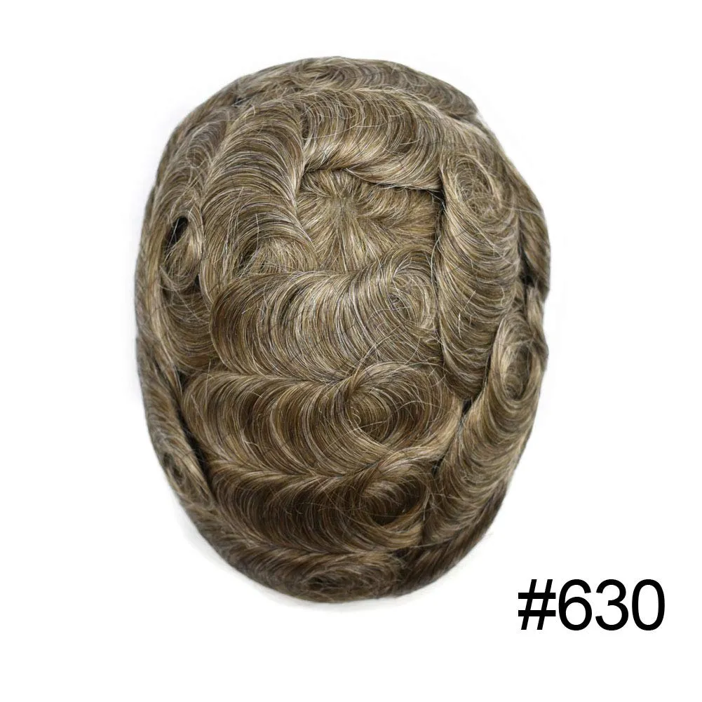 Mens Toupee with Human Hair System 0.06mm Natural Thin Skin Toupee for Men 8x10 inch Human Hair Replacement Hairpieces for Men (8X10-90% Light Density, 630# Light Brown WIth 30% Gray)
