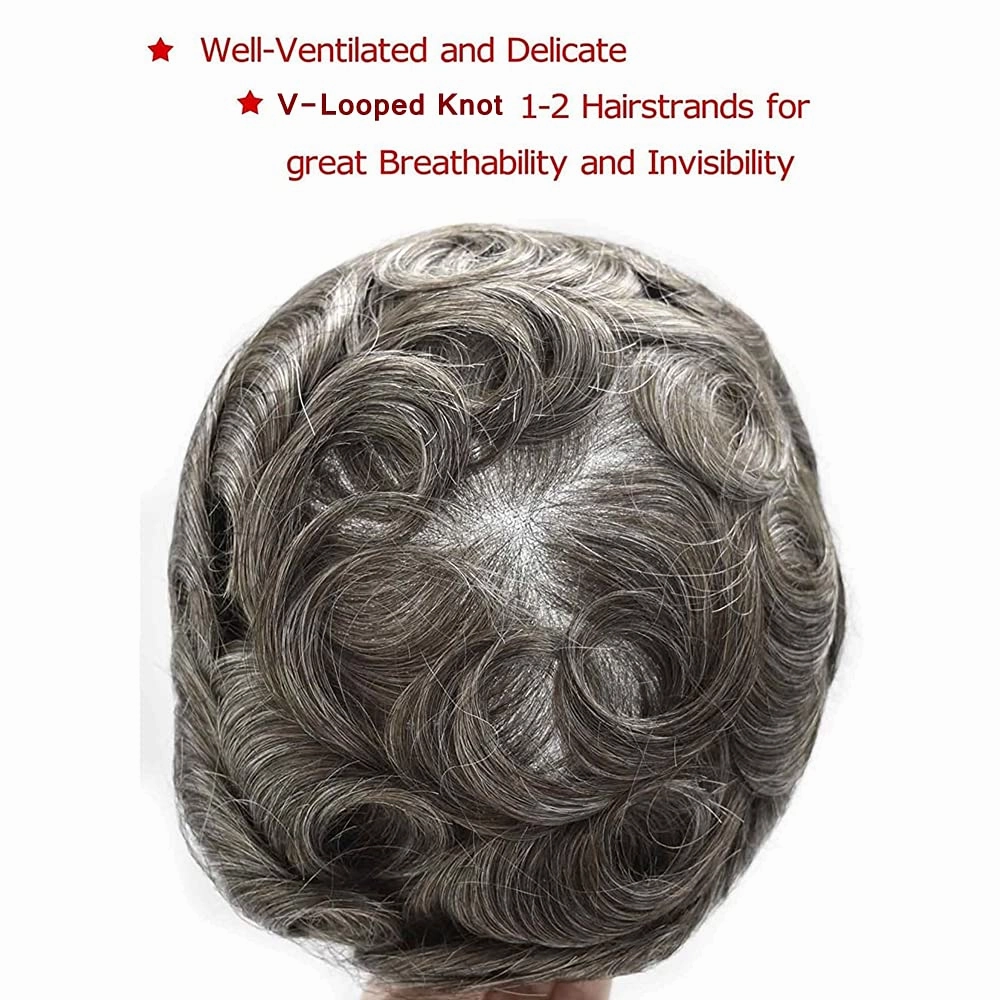 Mens Toupee Hair System 0.06mm Super Thin Skin Toupee for Men 8x10 inch Male Hair Replacement Black Brown Blonde Gray Hairpieces for Men 90% Light Density-1B40# Natural Black With 40% Synthetic Gray