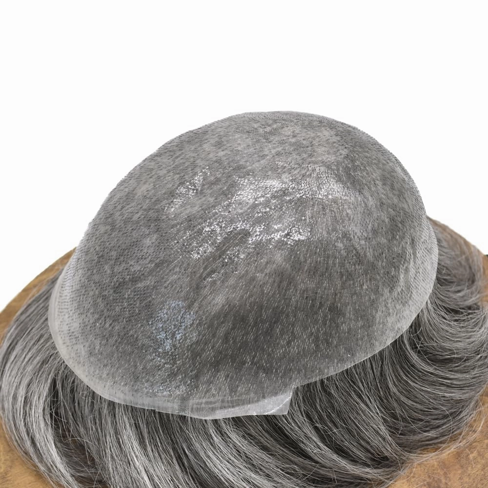 Mens Toupee Hair System 0.06mm Super Thin Skin Toupee for Men 8x10 inch Male Hair Replacement Black Brown Blonde Gray Hairpieces for Men 90% Light Density-1B40# Natural Black With 40% Synthetic Gray