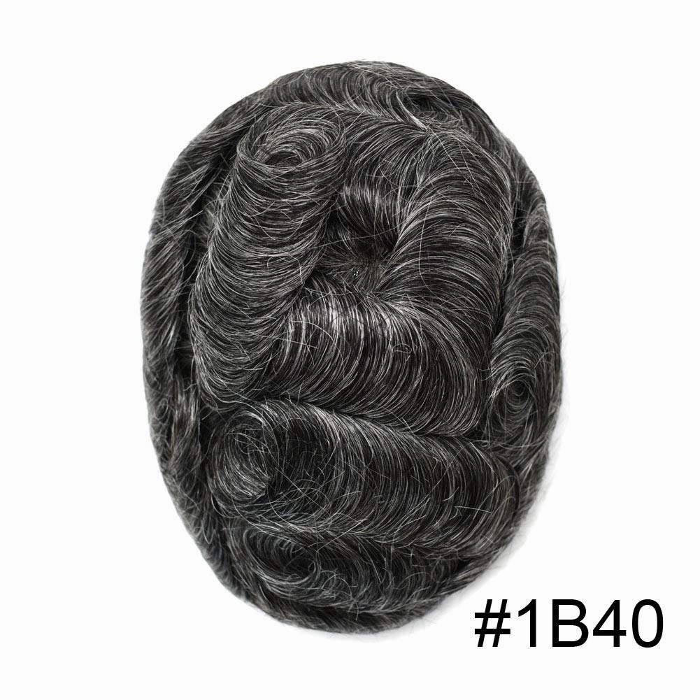 Mens Toupee Hair System 0.06mm Super Thin Skin Toupee for Men 8x10 inch Male Hair Replacement Black Brown Blonde Gray Hairpieces for Men 90% Light Density-1B40# Natural Black With 40% Synthetic Gray