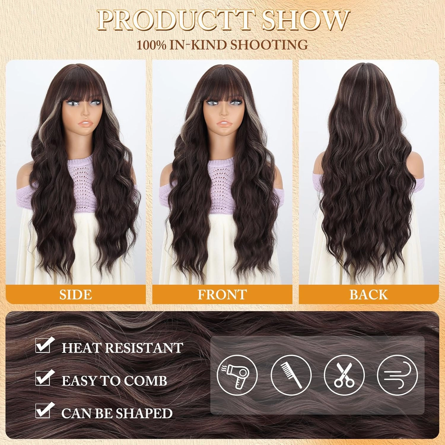 MERISIHAIR Brown Wavy Wig with Bangs,Long Brown Highlight Wig for Women,Heat Resistant Synthetic Wigs Daily Party Holiday Festival Chrismas Travel Used