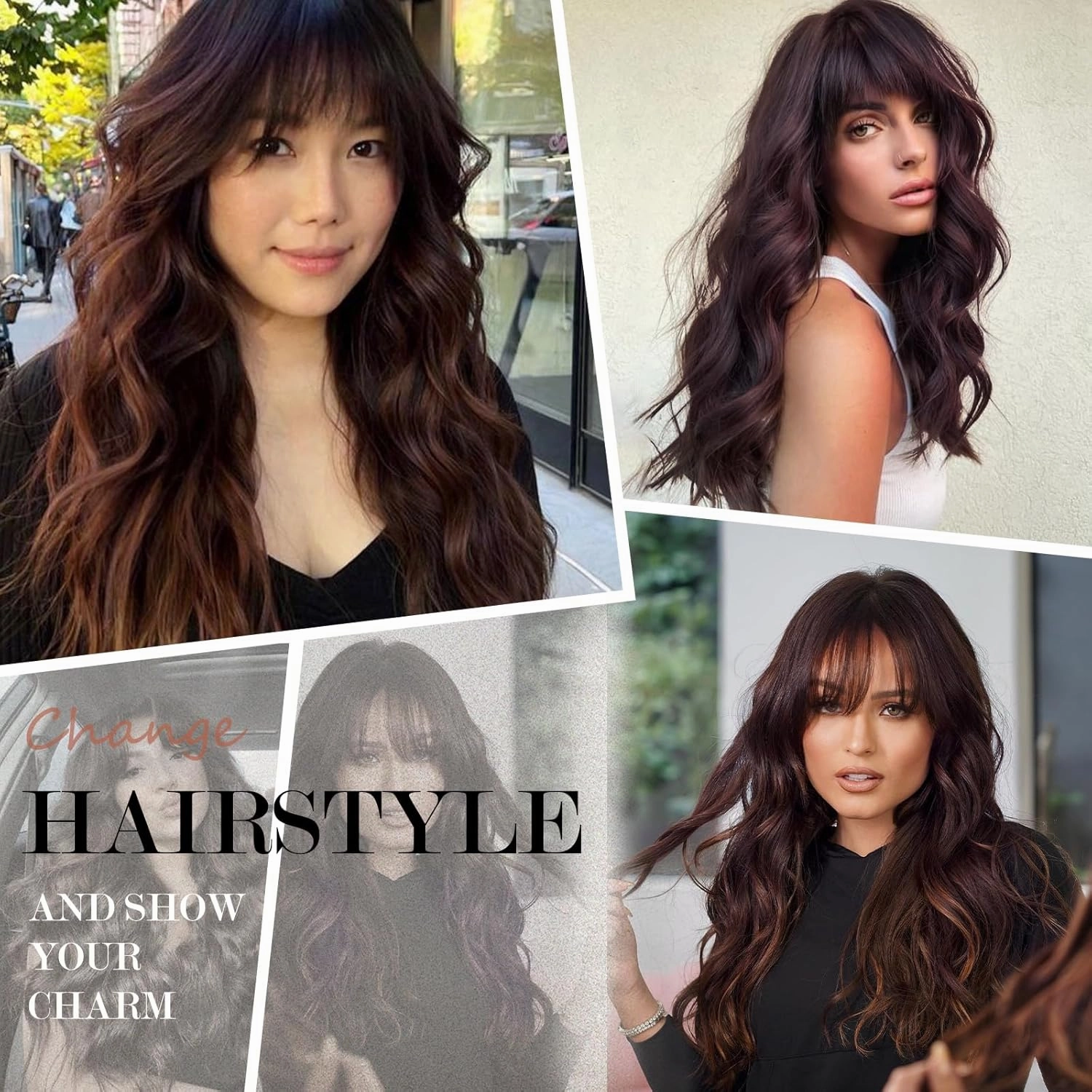 MERISIHAIR Brown Wig with Bangs Long Wavy Wigs for Women Synthetic Heat Resistant Fiber Curly Wig Daily Party Holiday Festival Chrismas Travel Used