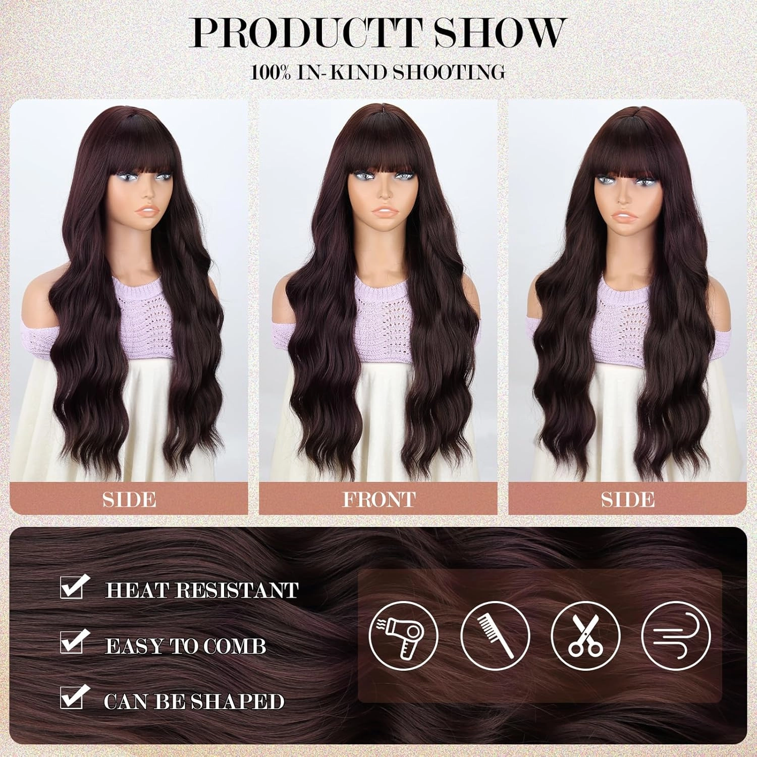 MERISIHAIR Brown Wig with Bangs Long Wavy Wigs for Women Synthetic Heat Resistant Fiber Curly Wig Daily Party Holiday Festival Chrismas Travel Used