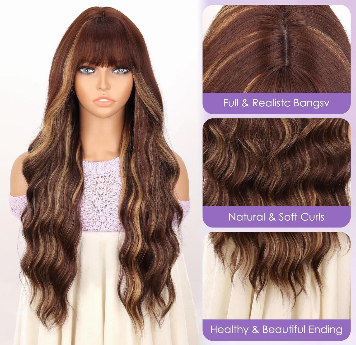 MERISIHAIR Highlight Brown Wig with Bangs Long Wavy Brown Mix Blonde Wig Synthetic Resistant Fiber Wigs for Women Daily Party Use