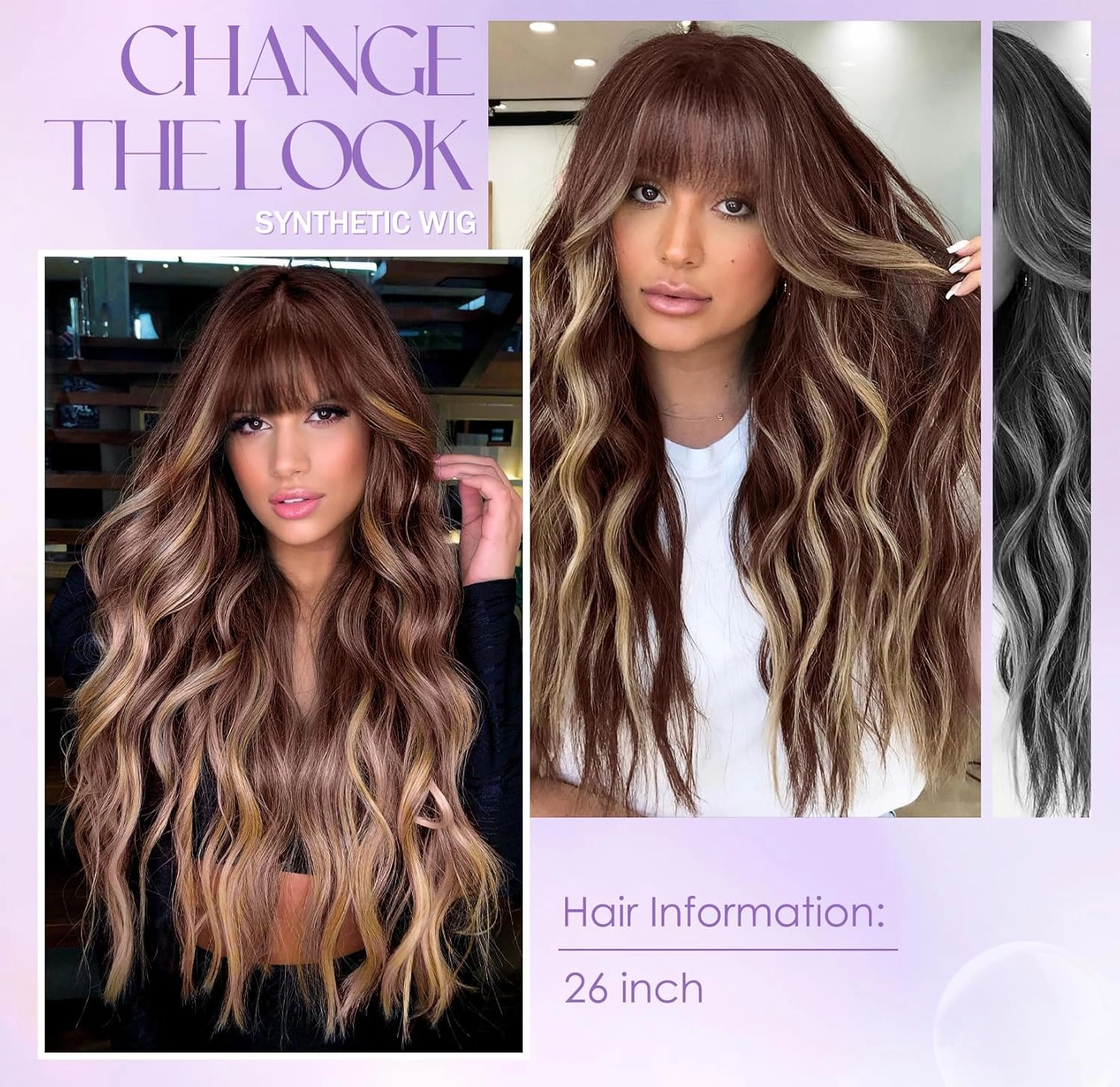 MERISIHAIR Highlight Brown Wig with Bangs Long Wavy Brown Mix Blonde Wig Synthetic Resistant Fiber Wigs for Women Daily Party Use