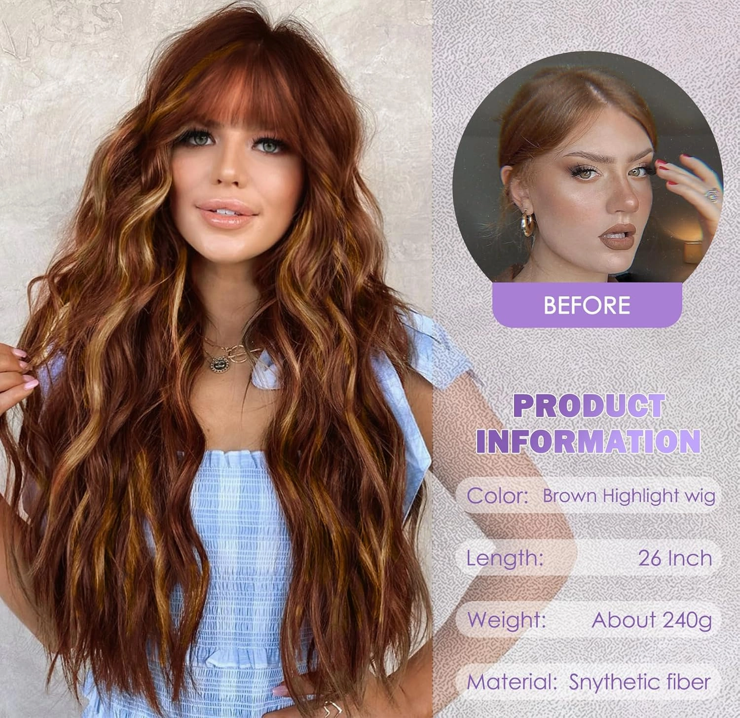 MERISIHAIR Highlight Brown Wig with Bangs Long Wavy Brown Mix Blonde Wig Synthetic Resistant Fiber Wigs for Women Daily Party Use