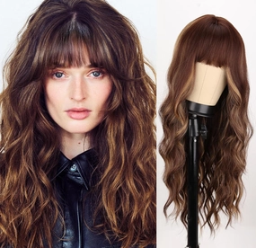 MERISIHAIR Highlight Brown Wig with Bangs Long Wavy Brown Mix Blonde Wig Synthetic Resistant Fiber Wigs for Women Daily Party Use