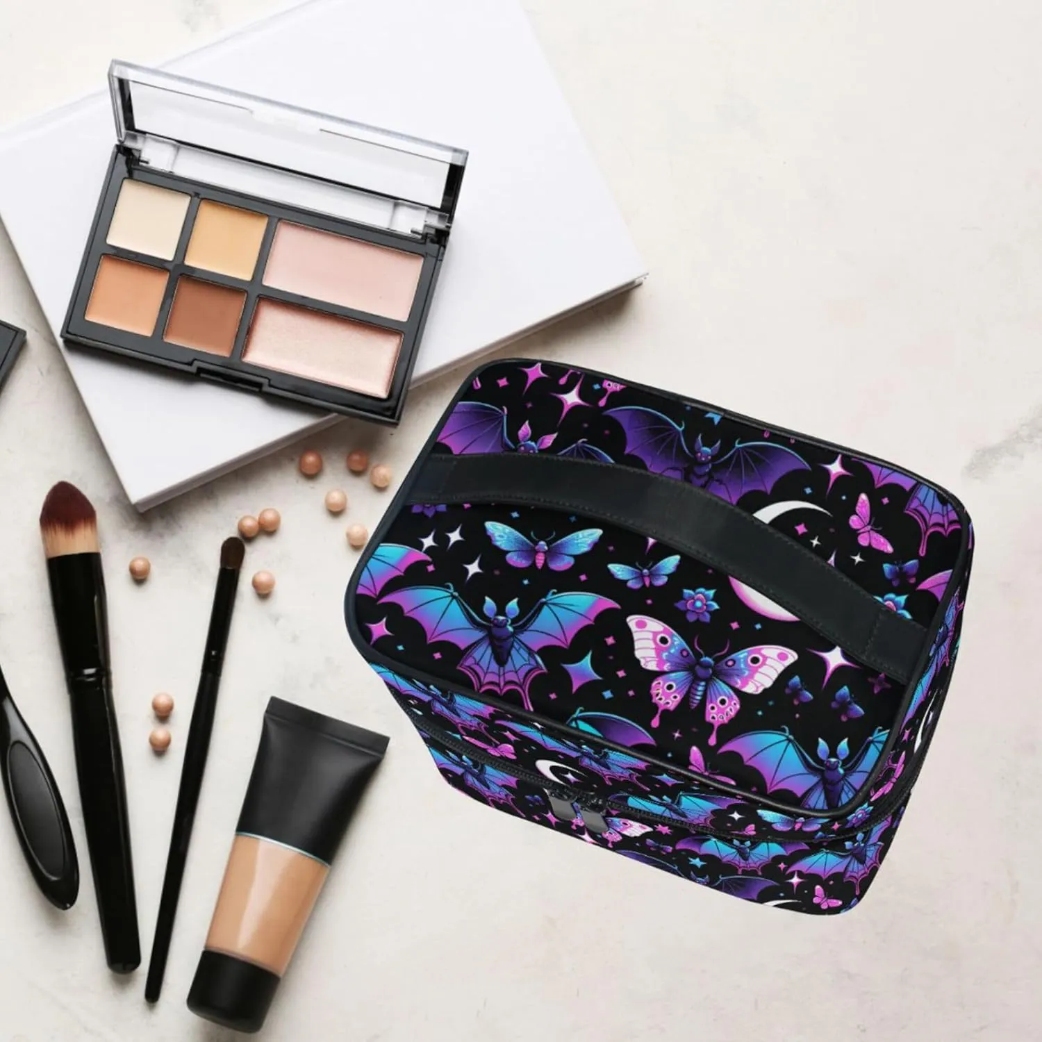MNSRUU Makeup Bags, Neon Purple and Bats Stars and Moons Makeup Organizer Bags Toiletry Bag Box Travel Cosmetic Bag Make Up Train Case for Women Teen Girl Ladies