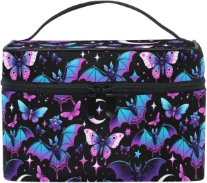 MNSRUU Makeup Bags, Neon Purple and Bats Stars and Moons Makeup Organizer Bags Toiletry Bag Box Travel Cosmetic Bag Make Up Train Case for Women Teen Girl Ladies