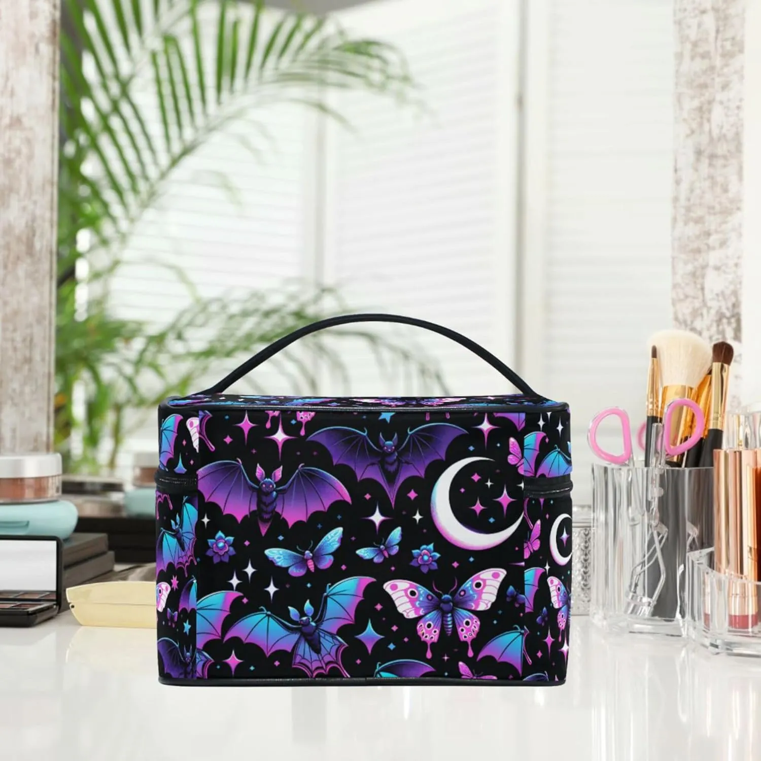 MNSRUU Makeup Bags, Neon Purple and Bats Stars and Moons Makeup Organizer Bags Toiletry Bag Box Travel Cosmetic Bag Make Up Train Case for Women Teen Girl Ladies