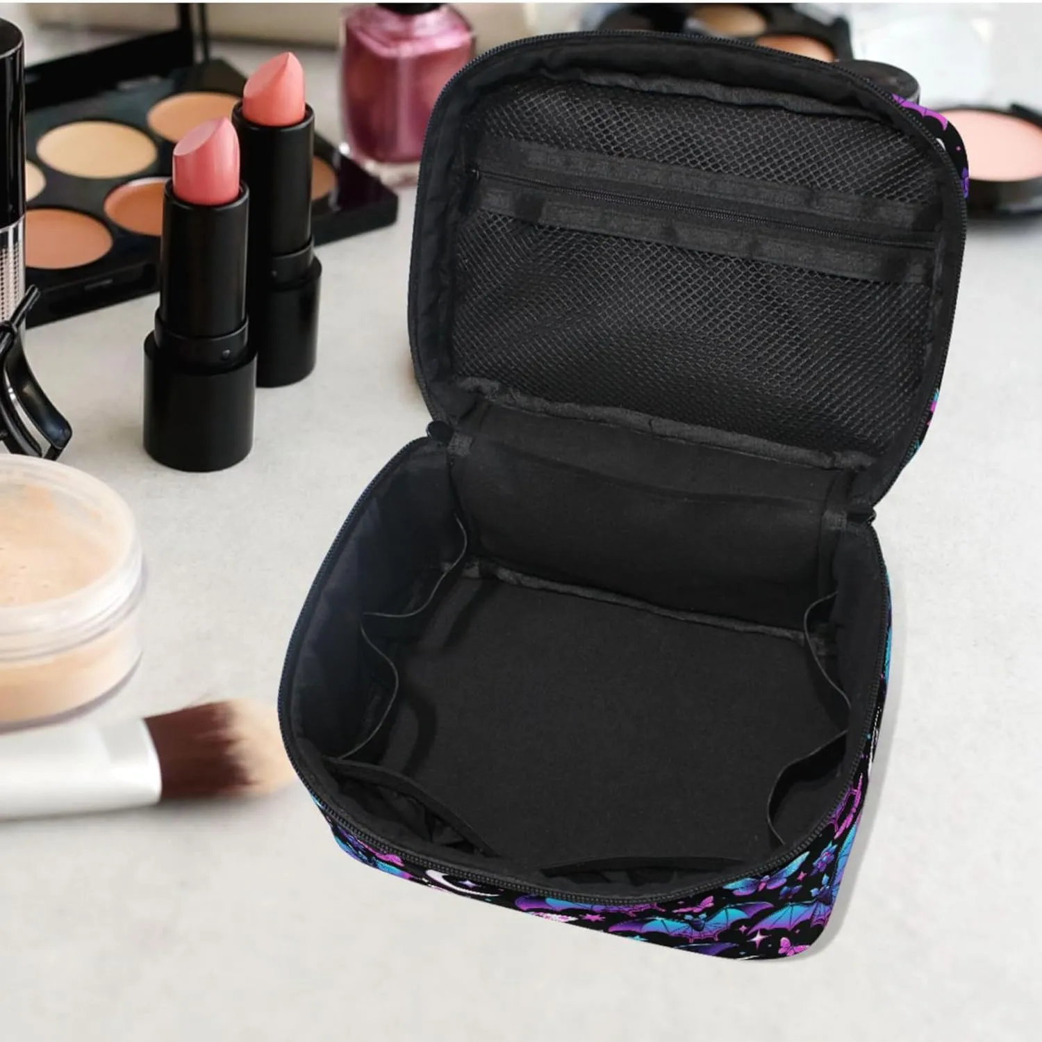 MNSRUU Makeup Bags, Neon Purple and Bats Stars and Moons Makeup Organizer Bags Toiletry Bag Box Travel Cosmetic Bag Make Up Train Case for Women Teen Girl Ladies