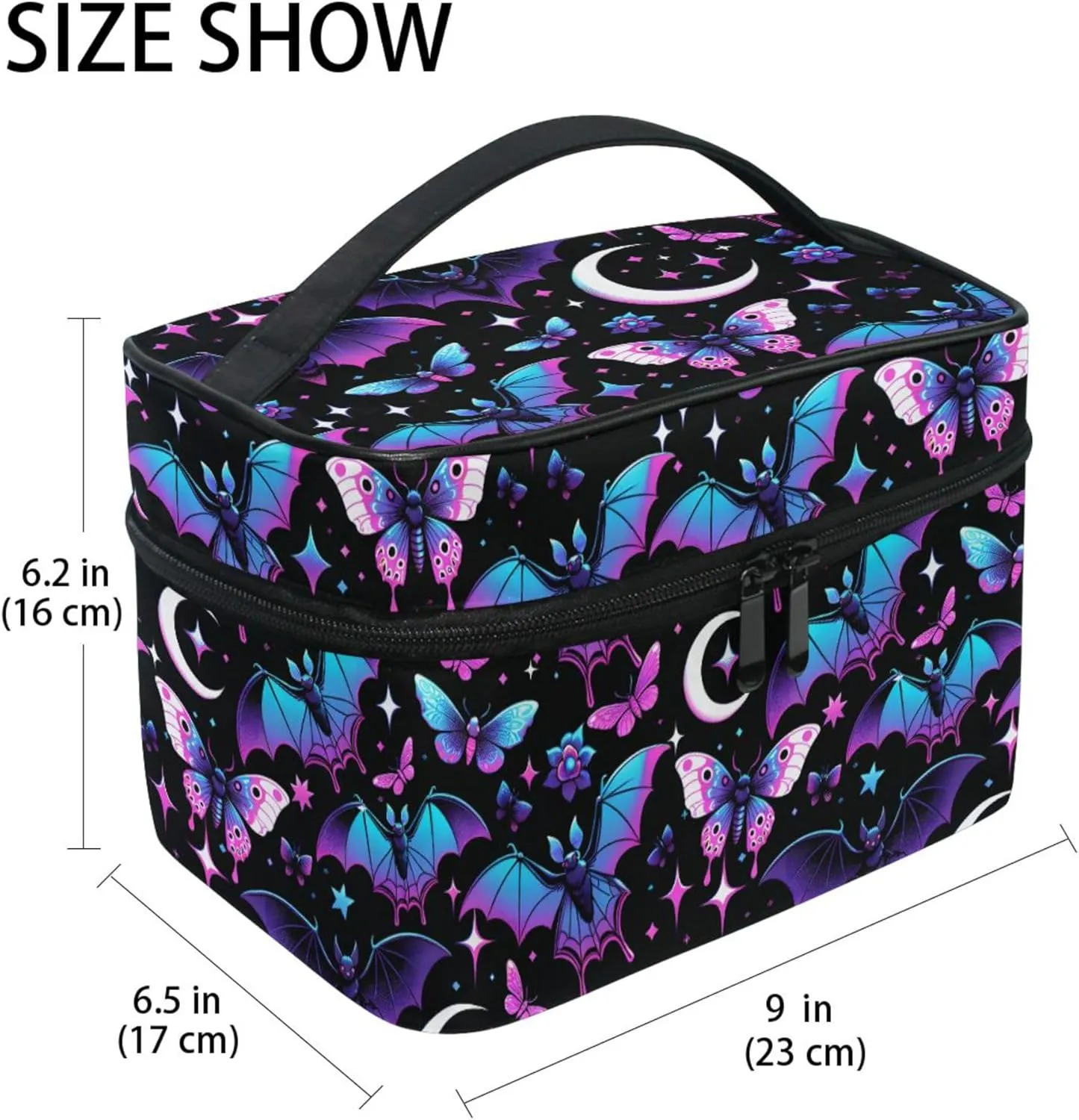 MNSRUU Makeup Bags, Neon Purple and Bats Stars and Moons Makeup Organizer Bags Toiletry Bag Box Travel Cosmetic Bag Make Up Train Case for Women Teen Girl Ladies