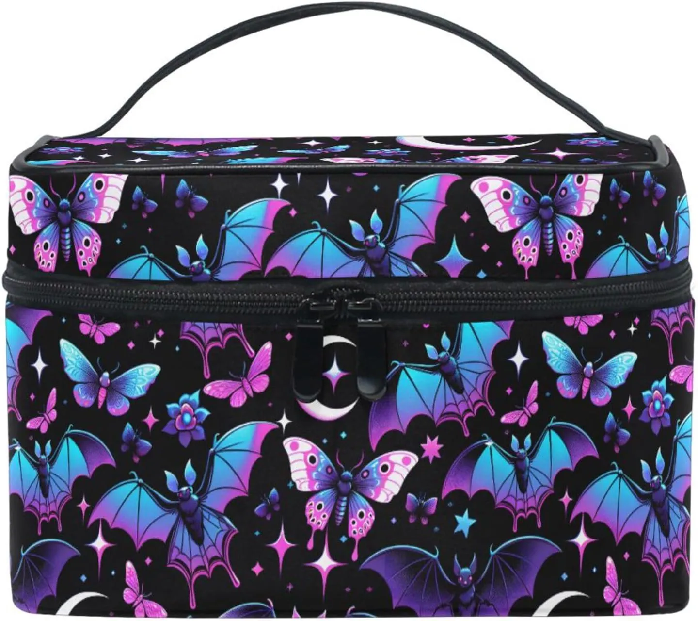 MNSRUU Makeup Bags, Neon Purple and Bats Stars and Moons Makeup Organizer Bags Toiletry Bag Box Travel Cosmetic Bag Make Up Train Case for Women Teen Girl Ladies