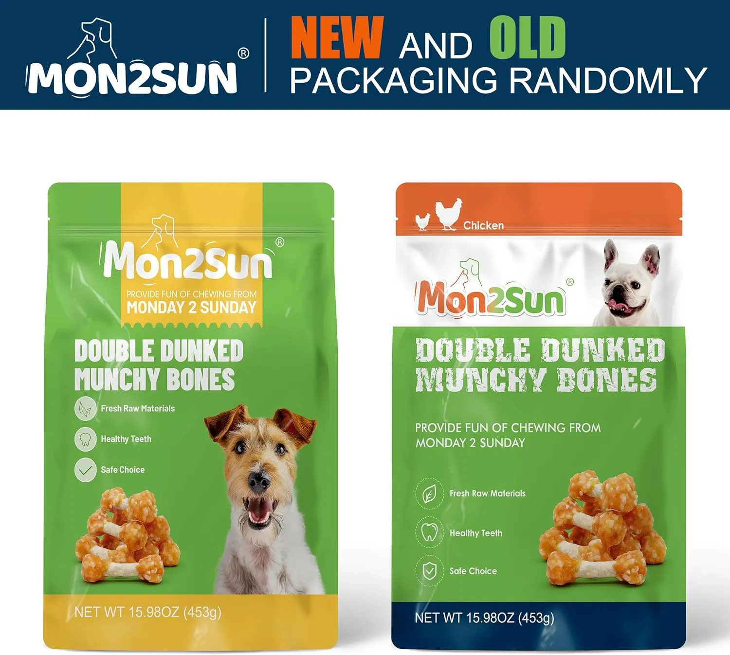 MON2SUN Dog Treats, 16oz Mini Rawhide Chews, Chicken Dumbbells with Rice for Small Dogs & Toy Breed, Crunchy and Healthy (2.5 Inch 30 Count)