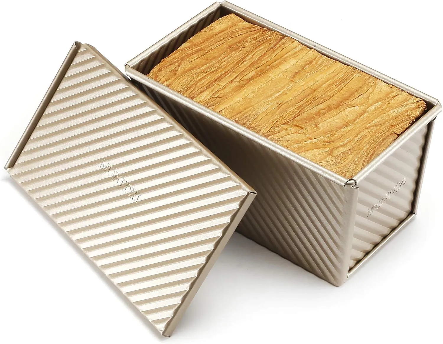 Monfish Pullman loaf Pan – loaf pan w lid - Wavy Non-Stick Toast Mold - Loaf Bread Baking Pan champagne gold (8.5x4.75x4.5)