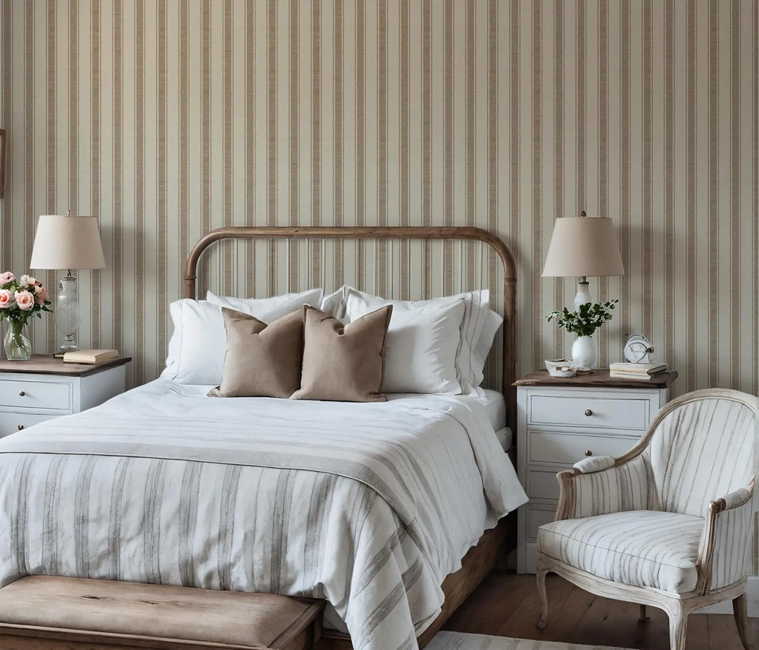 Neutral Beige Stripe Peel and Stick Fabric Canvas Wallpaper - Temporary Wallpaper for Accent Wall, Bathroom, Bedroom, Living Room (Brown)