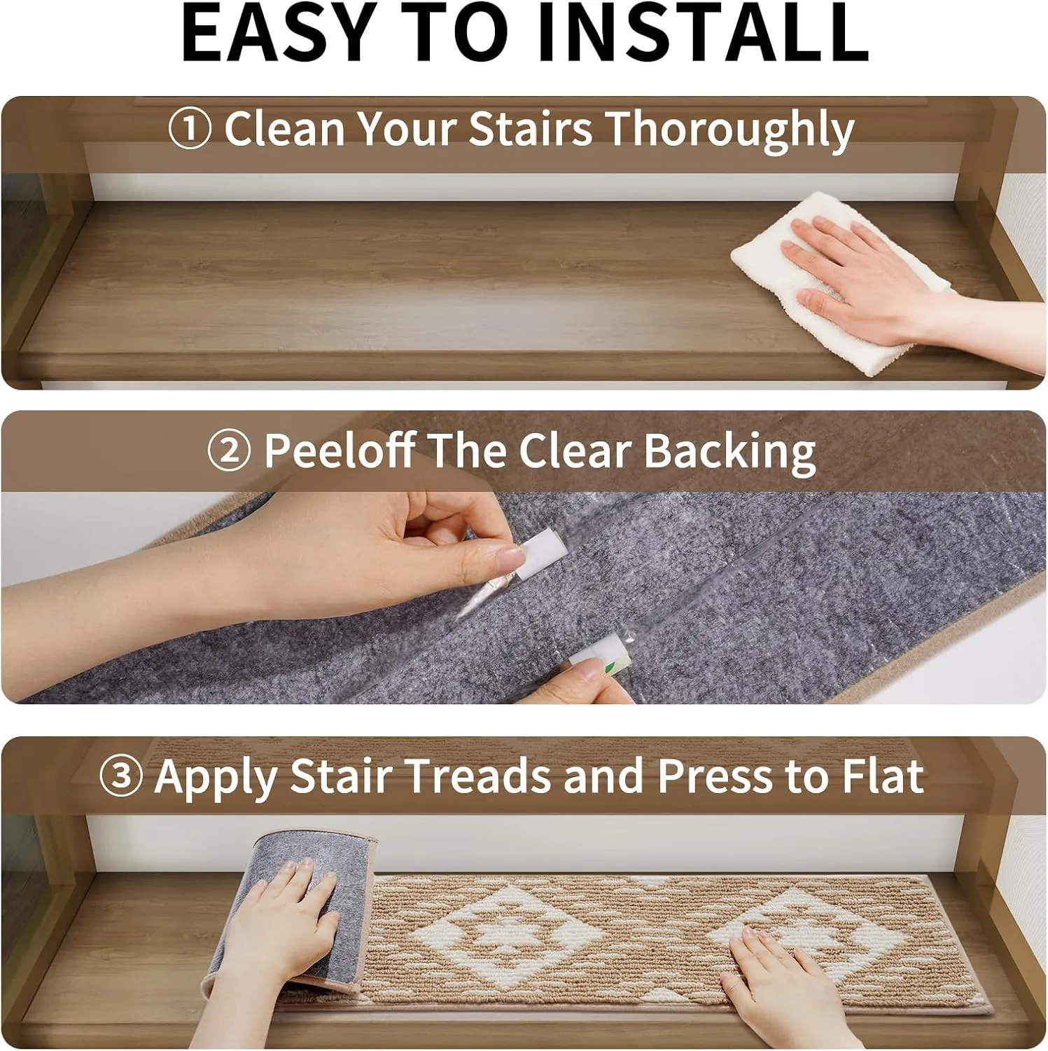Non-Slip Stair Treads for Wooden Steps Indoor 4 Pack Brown 8"x30" Stair Tread Carpet Stairs Runner Reusable Peel & Stick Adhesive Stair Treads,Pet-Safe Anti-Slip Treads for Dogs Kids Elders