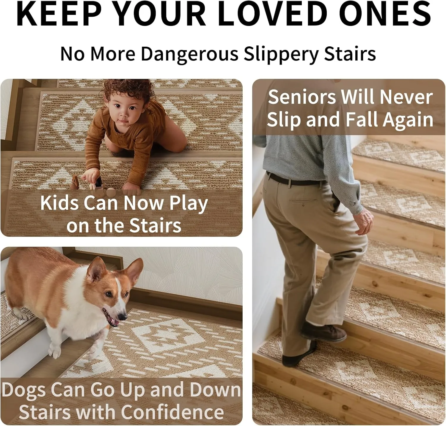 Non-Slip Stair Treads for Wooden Steps Indoor 4 Pack Brown 8"x30" Stair Tread Carpet Stairs Runner Reusable Peel & Stick Adhesive Stair Treads,Pet-Safe Anti-Slip Treads for Dogs Kids Elders