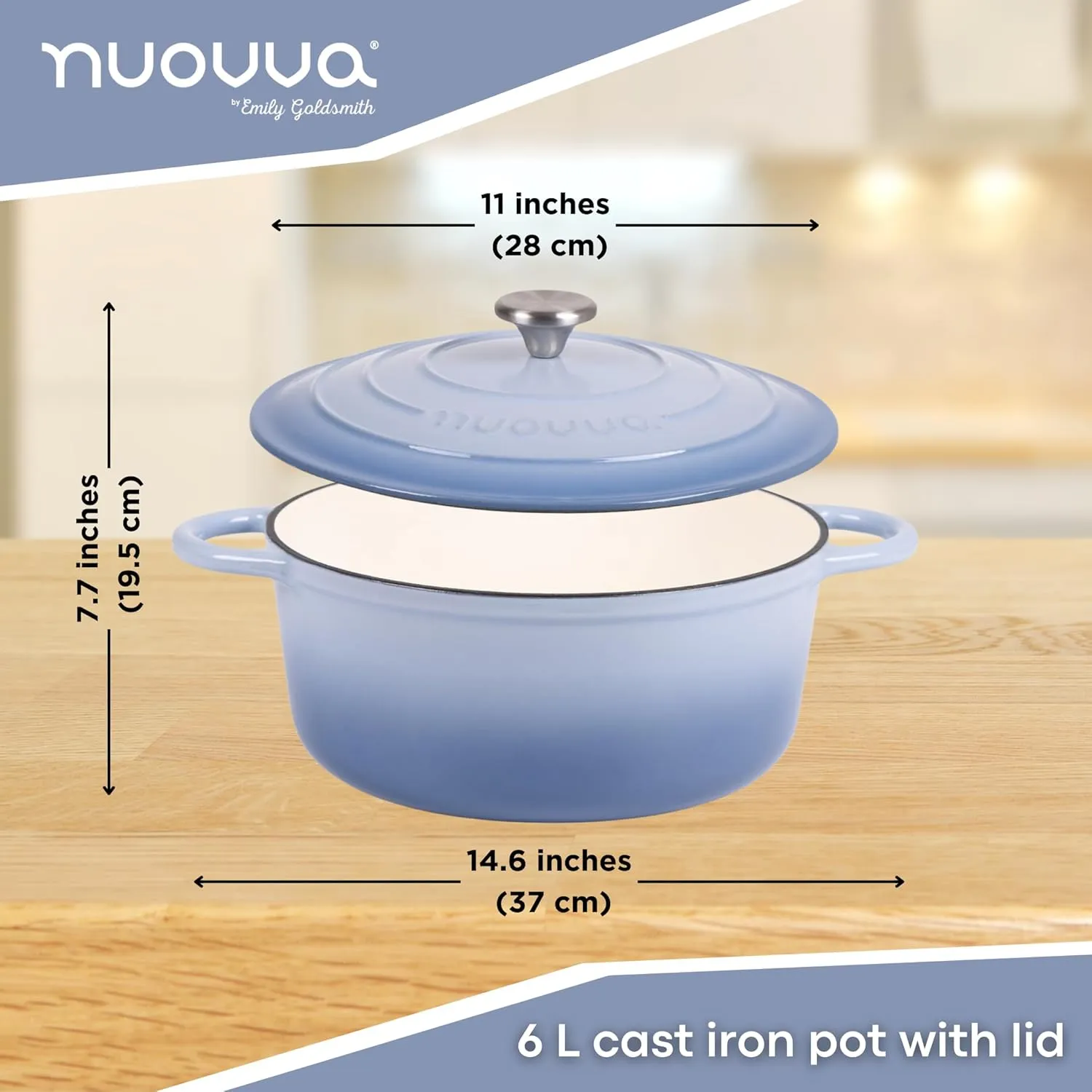 Nuovva Enamelled Cast Iron Dutch Oven Pot with Lid 6.4 Quart Non Stick Casserole Pot – Heavy Duty & Oven Safe up to 500° F for Bread Baking, Braising, Stews, Roasting – 28cm Costal Blue