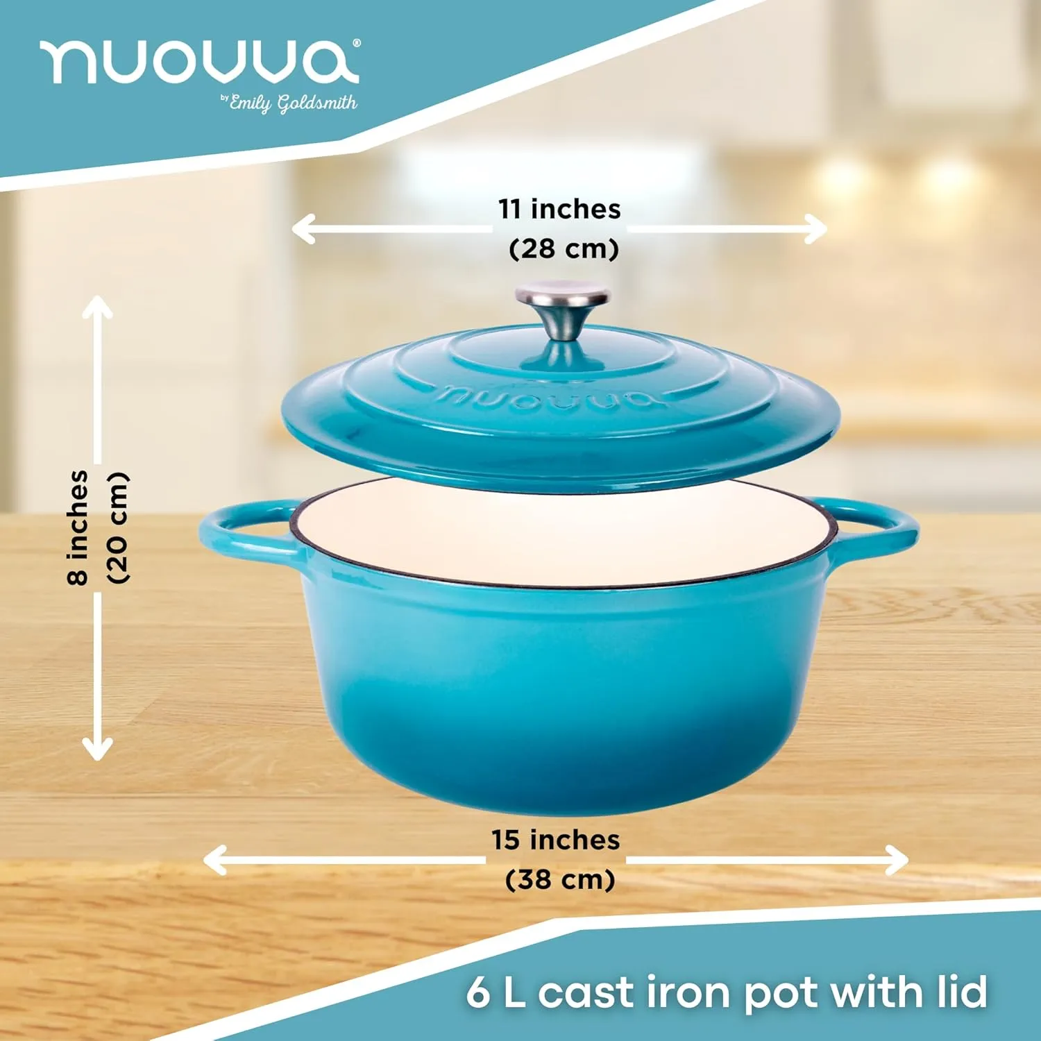 Nuovva Enamelled Cast Iron Dutch Oven Pot with Lid 6.4 Quart Non Stick Casserole Pot – Heavy Duty & Oven Safe up to 500° F for Bread Baking, Braising, Stews, Roasting – 28cm Light Blue