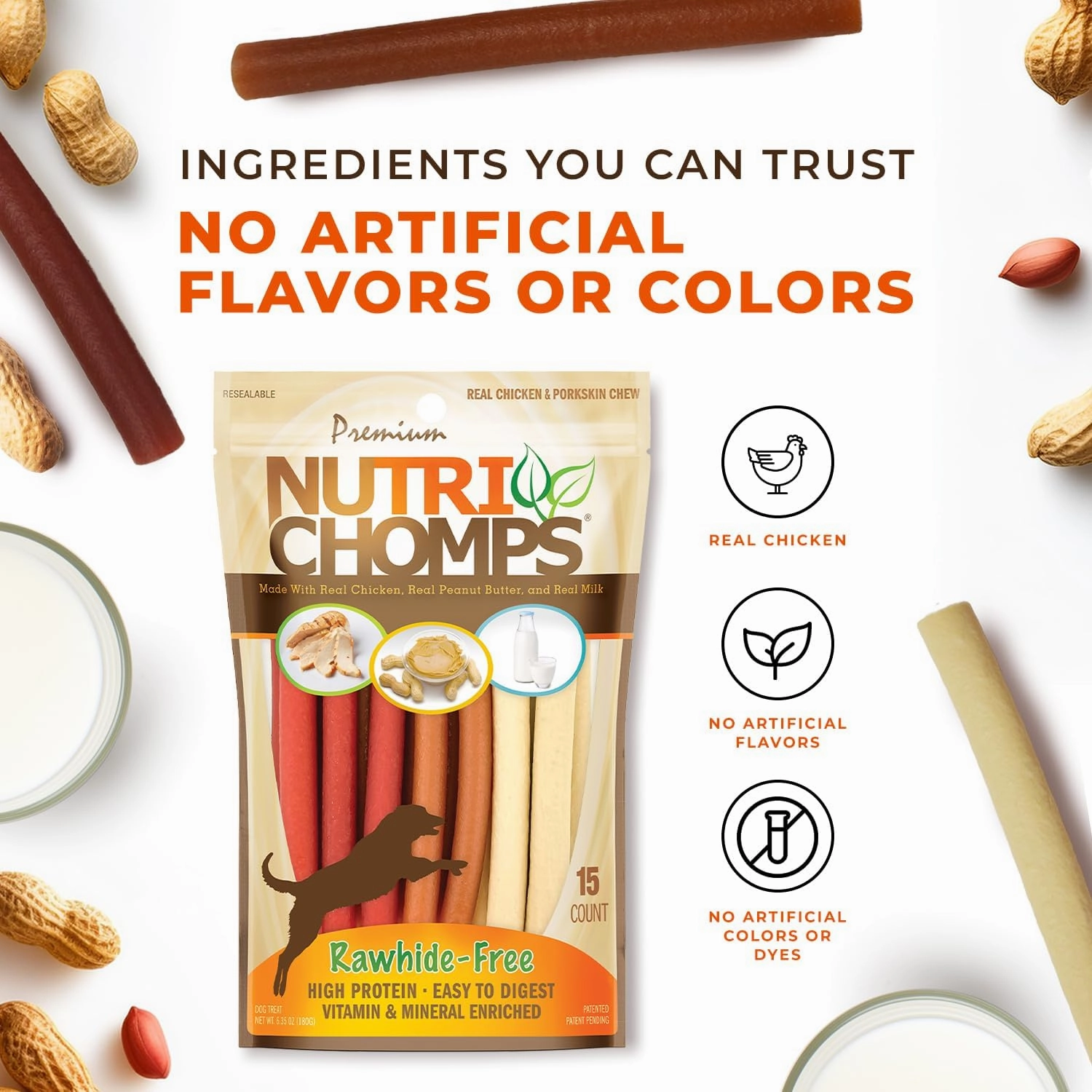 NutriChomps Dog Chews, 5-inch Twists, Easy to Digest, Rawhide-Free Dog Treats, 15 Count, Real Chicken, Peanut Butter and Milk Flavors, Bundle of 2, Brown, red, Cream (NT051V-2)
