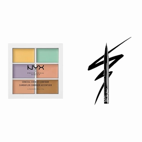 NYX PROFESSIONAL MAKEUP Color Correcting Concealer Palette and Epic Ink Liner Waterproof Liquid Eyeliner Black Vegan Formula Bundle
