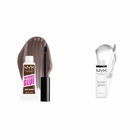 NYX PROFESSIONAL MAKEUP The Brow Glue, Extreme Hold Tinted Eyebrow Gel - Dark Brown & Butter Gloss, Non-Sticky Lip Gloss - Sugar Glass (Clear)