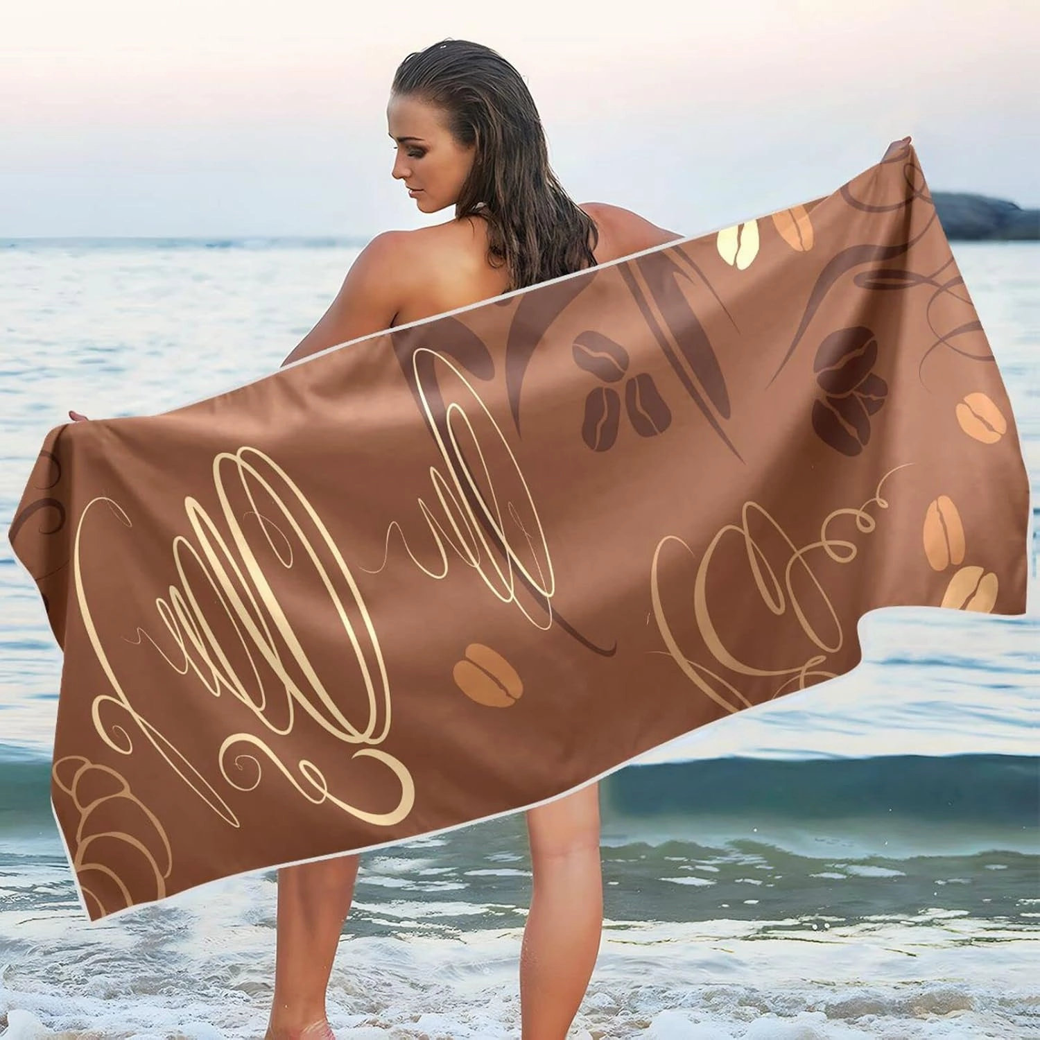 Oyihfvs Brown Coffee Cups Beans for Cafe or Restaurant Quick Drying Beach Towel, Foldable Yoga Towel, Soft Sport Towel, Sweat Absorbent Towel with Storage Mesh Bag 30 x 60 inch (S)