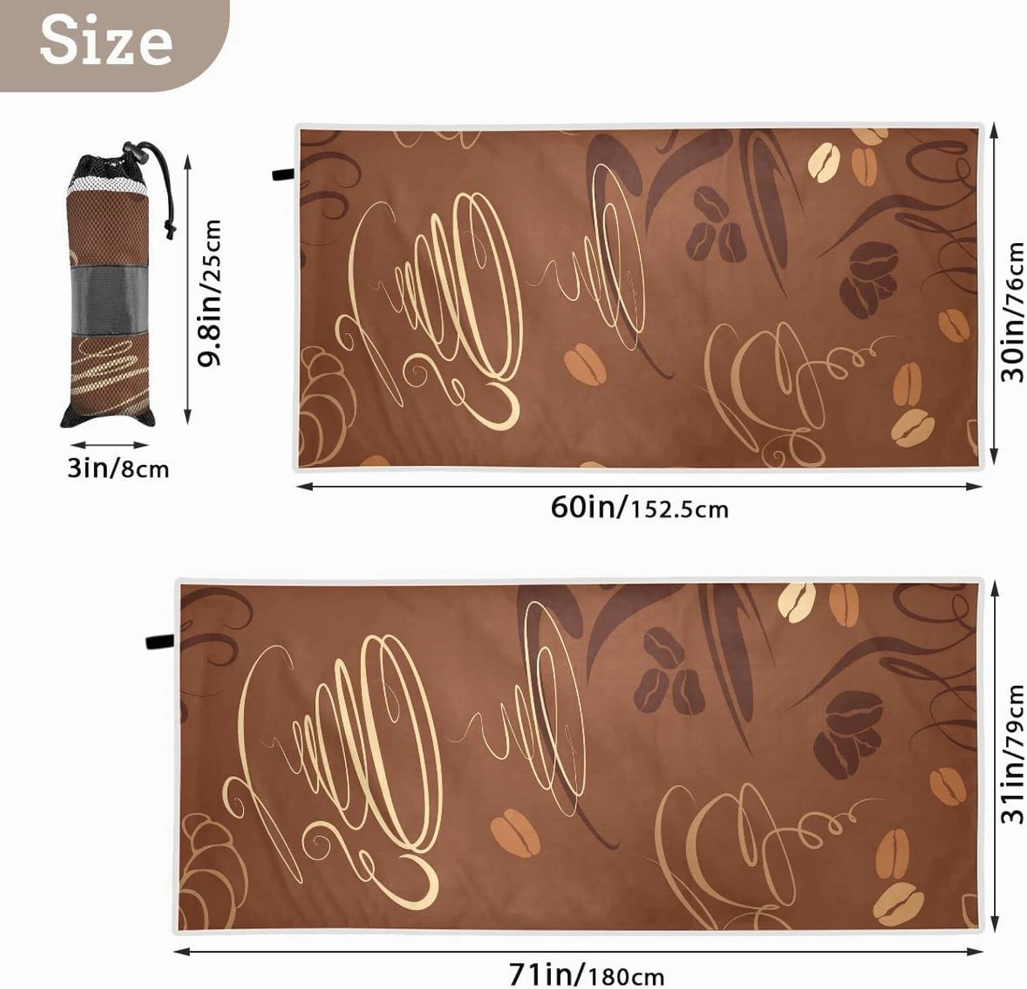 Oyihfvs Brown Coffee Cups Beans for Cafe or Restaurant Quick Drying Beach Towel, Foldable Yoga Towel, Soft Sport Towel, Sweat Absorbent Towel with Storage Mesh Bag 30 x 60 inch (S)