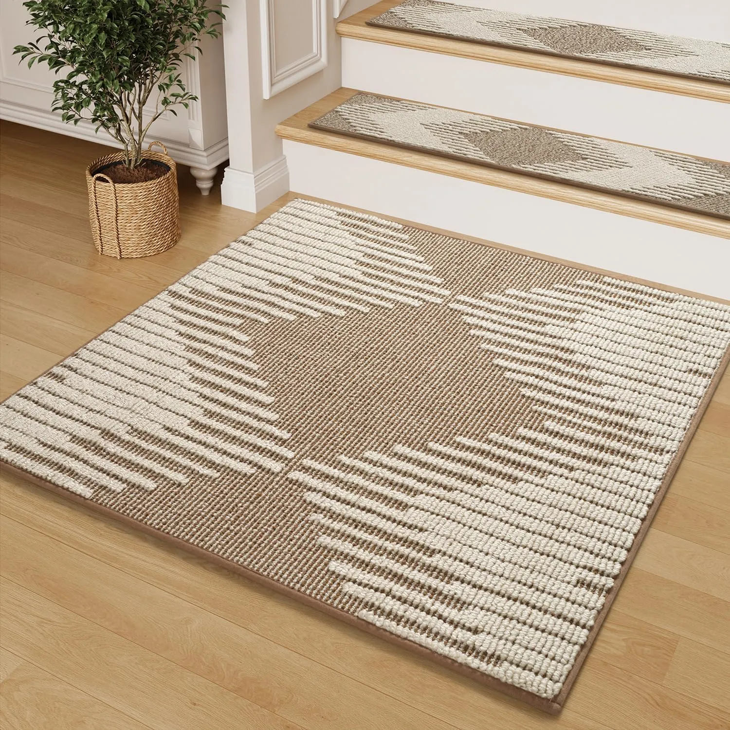 PADOOR Stair Treads Landing Mat Non Slip for Wooden Steps Indoor, 3D Peel and Stick Stair-Carpet Treads Washable Reusable Adhesive Stair Rugs for Kids and Dogs 31"x31" Brown