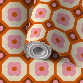 Peel and Stick Wallpaper Self Adhesive Wall Mural 70s Retro Seamless Pattern Orange Brown Pink Beige 60s 70s Retro style Contact Paper Renter Friendly Wallpaper for Kitchen Nursery Bedroom 17.7"x118"