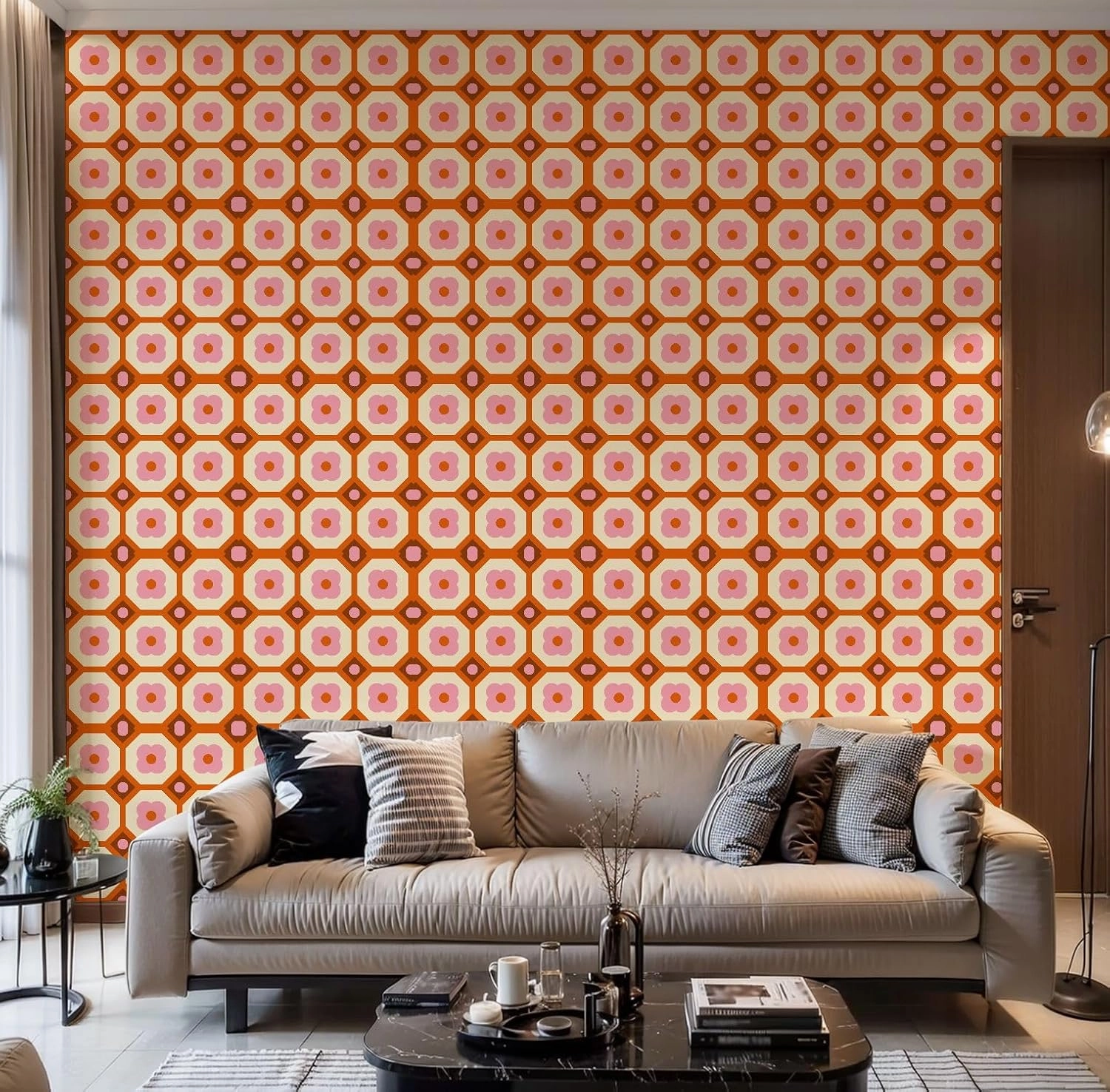 Peel and Stick Wallpaper Self Adhesive Wall Mural 70s Retro Seamless Pattern Orange Brown Pink Beige 60s 70s Retro style Contact Paper Renter Friendly Wallpaper for Kitchen Nursery Bedroom 17.7"x118"