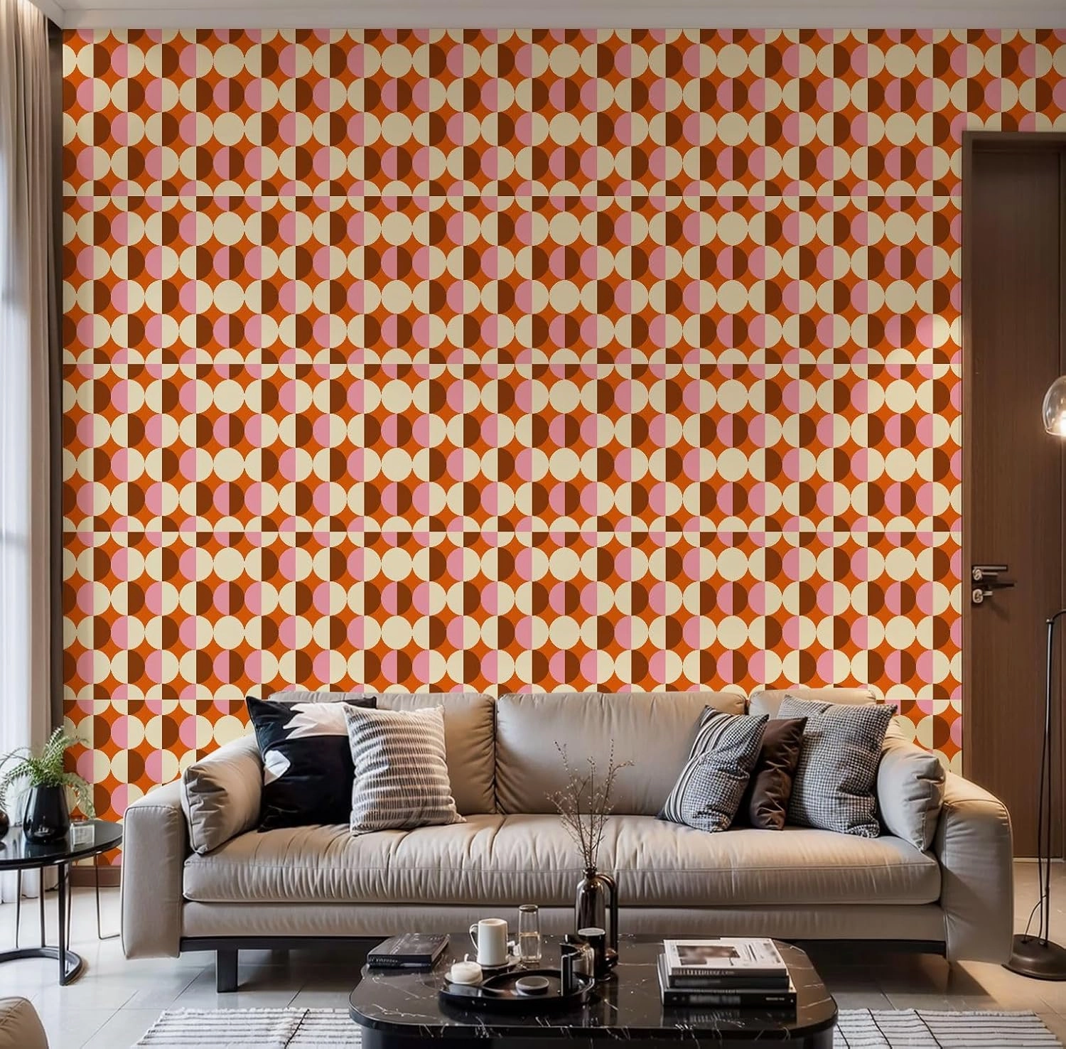 Peel and Stick Wallpaper Self Adhesive Wall Mural 70s Retro Seamless Pattern Orange Brown Pink Beige 60s 70s Retro style Contact Paper Renter Friendly Wallpaper for Kitchen Nursery Bedroom 17.7"x118"