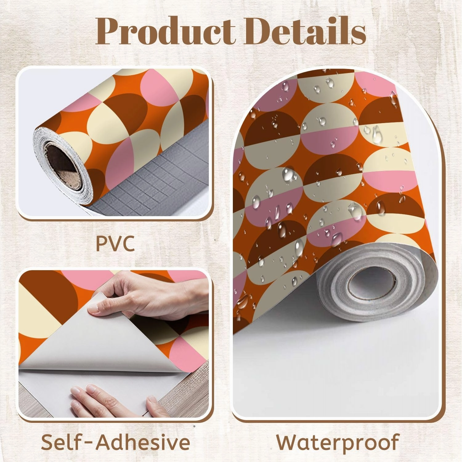 Peel and Stick Wallpaper Self Adhesive Wall Mural 70s Retro Seamless Pattern Orange Brown Pink Beige 60s 70s Retro style Contact Paper Renter Friendly Wallpaper for Kitchen Nursery Bedroom 17.7"x118"