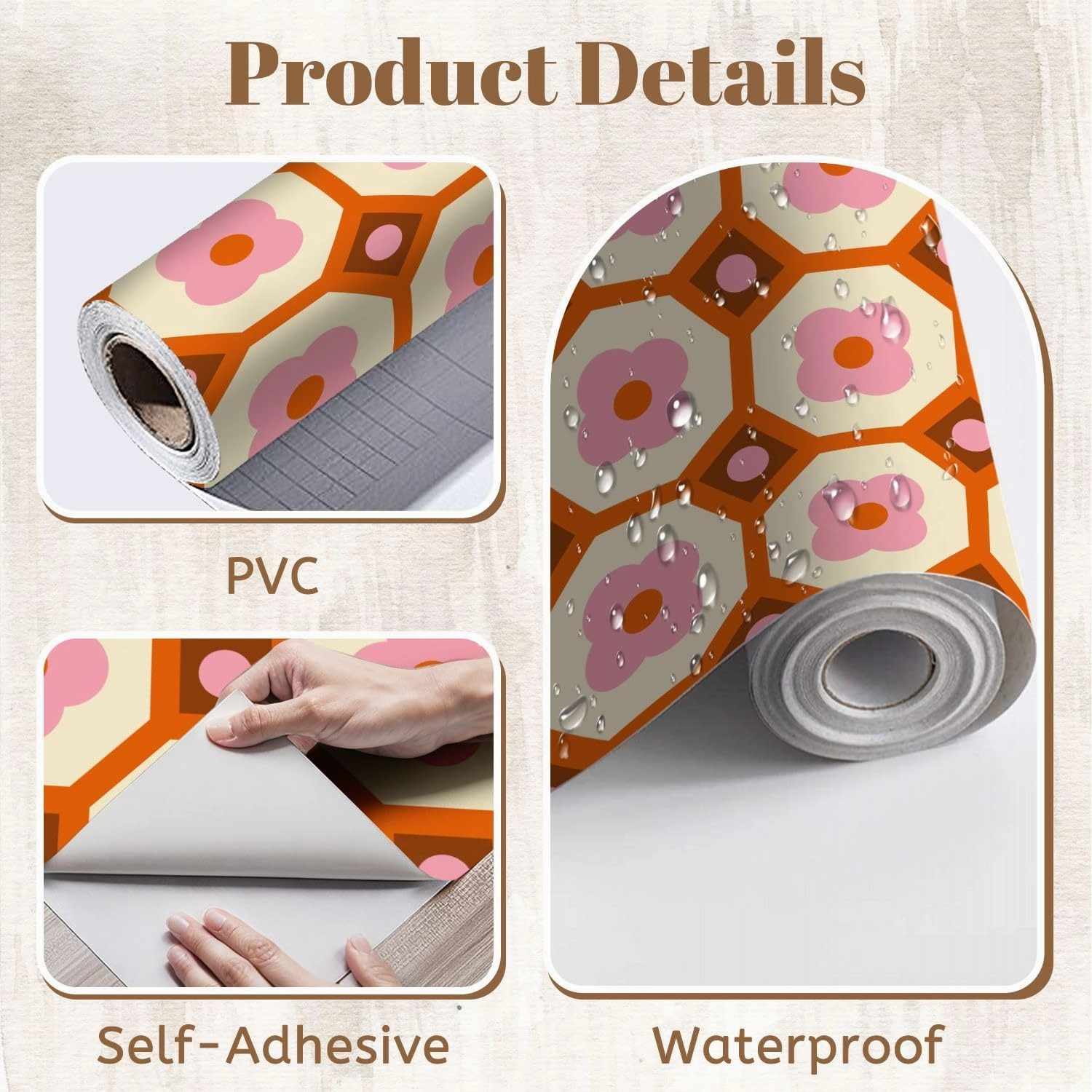 Peel and Stick Wallpaper Self Adhesive Wall Mural 70s Retro Seamless Pattern Orange Brown Pink Beige 60s 70s Retro style Contact Paper Renter Friendly Wallpaper for Kitchen Nursery Bedroom 17.7"x118"