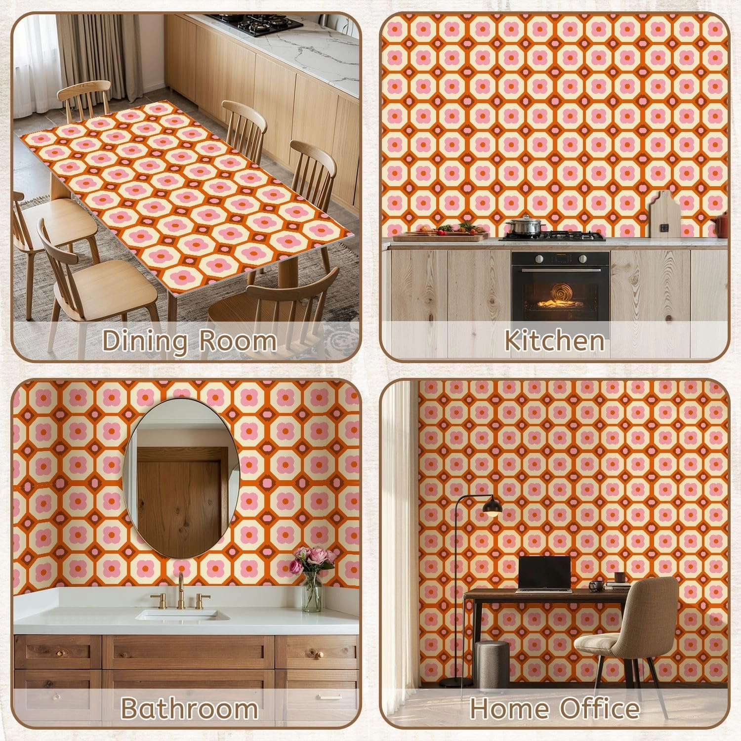 Peel and Stick Wallpaper Self Adhesive Wall Mural 70s Retro Seamless Pattern Orange Brown Pink Beige 60s 70s Retro style Contact Paper Renter Friendly Wallpaper for Kitchen Nursery Bedroom 17.7"x118"