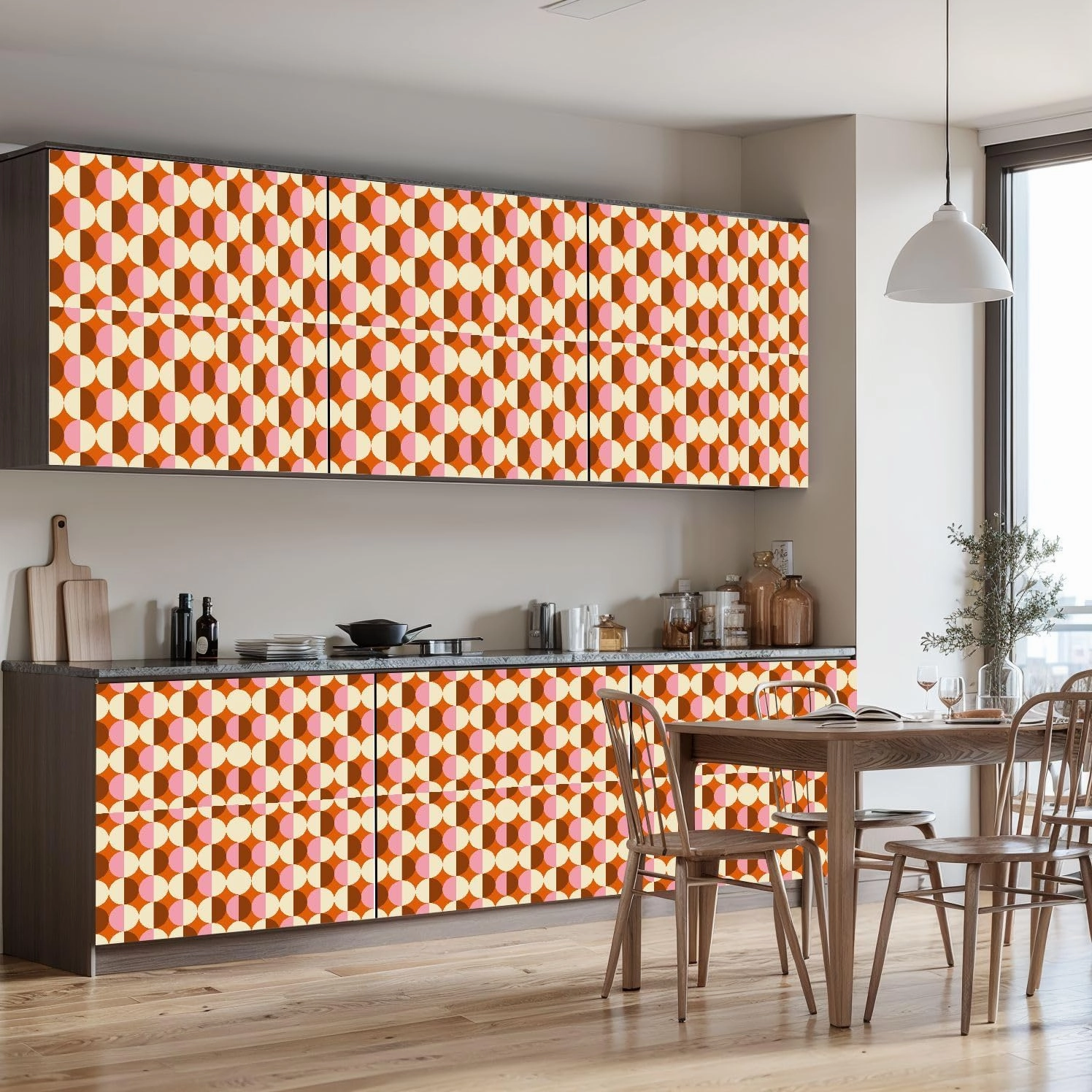 Peel and Stick Wallpaper Self Adhesive Wall Mural 70s Retro Seamless Pattern Orange Brown Pink Beige 60s 70s Retro style Contact Paper Renter Friendly Wallpaper for Kitchen Nursery Bedroom 17.7"x118"