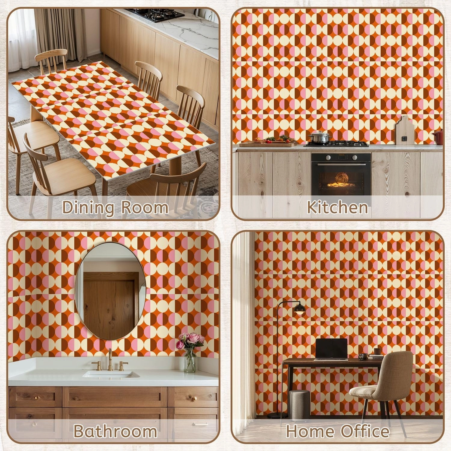 Peel and Stick Wallpaper Self Adhesive Wall Mural 70s Retro Seamless Pattern Orange Brown Pink Beige 60s 70s Retro style Contact Paper Renter Friendly Wallpaper for Kitchen Nursery Bedroom 17.7"x118"