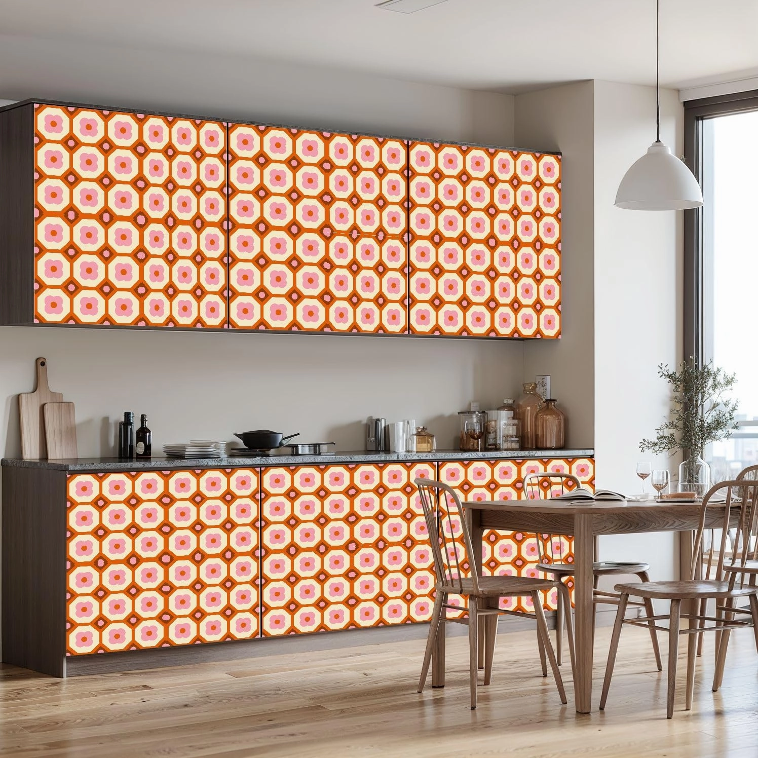 Peel and Stick Wallpaper Self Adhesive Wall Mural 70s Retro Seamless Pattern Orange Brown Pink Beige 60s 70s Retro style Contact Paper Renter Friendly Wallpaper for Kitchen Nursery Bedroom 17.7"x118"