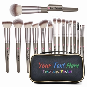 Personalized Gift Custom Makeup Brush Set with Custom Brush Bag, 15 Pcs Premium Synthetic Personalized Makeup Brushes Foundation Eyeshadow Brush Powder Blush Concealers Brush Set(Champagne)