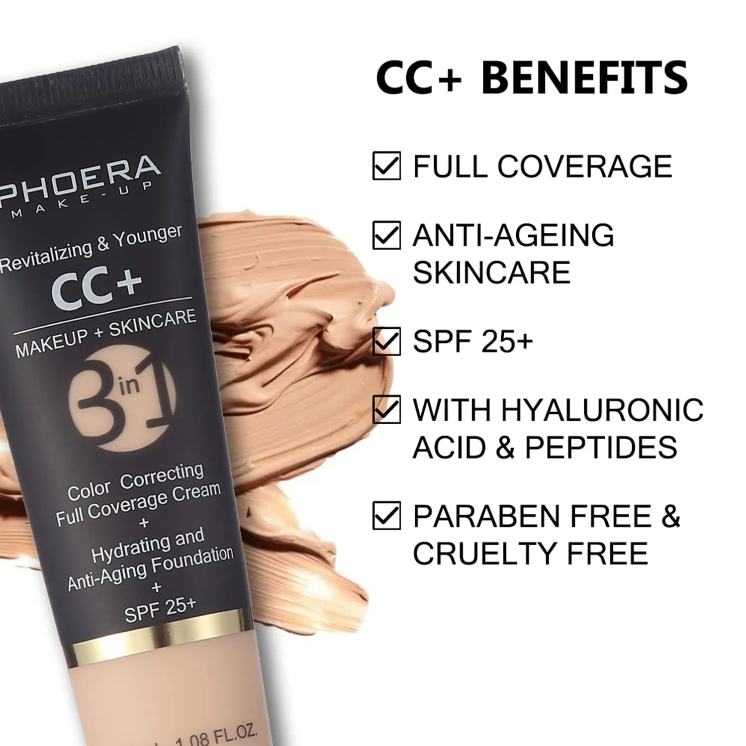 PHOERA CC Cream Foundation With SPF,PHOERA Full Coverage Foundation Color Correcting Cream,Anti Aging Hydrating Serum & SPF 25  Sunscreen Natural Finish1.08 floz (120 Nude 140 Buff Beige)
