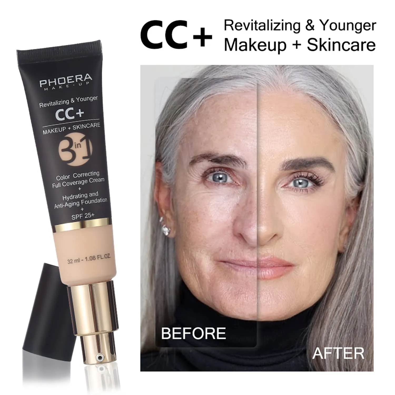 PHOERA CC Cream Foundation With SPF,PHOERA Full Coverage Foundation Color Correcting Cream,Anti Aging Hydrating Serum & SPF 25  Sunscreen Natural Finish1.08 floz (120 Nude 140 Buff Beige)