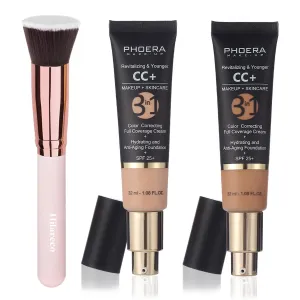 PHOERA CC Cream Foundation With SPF,PHOERA Full Coverage Foundation Color Correcting Cream,Anti Aging Hydrating Serum & SPF 25  Sunscreen Natural Finish1.08 floz (120 Nude 140 Buff Beige)