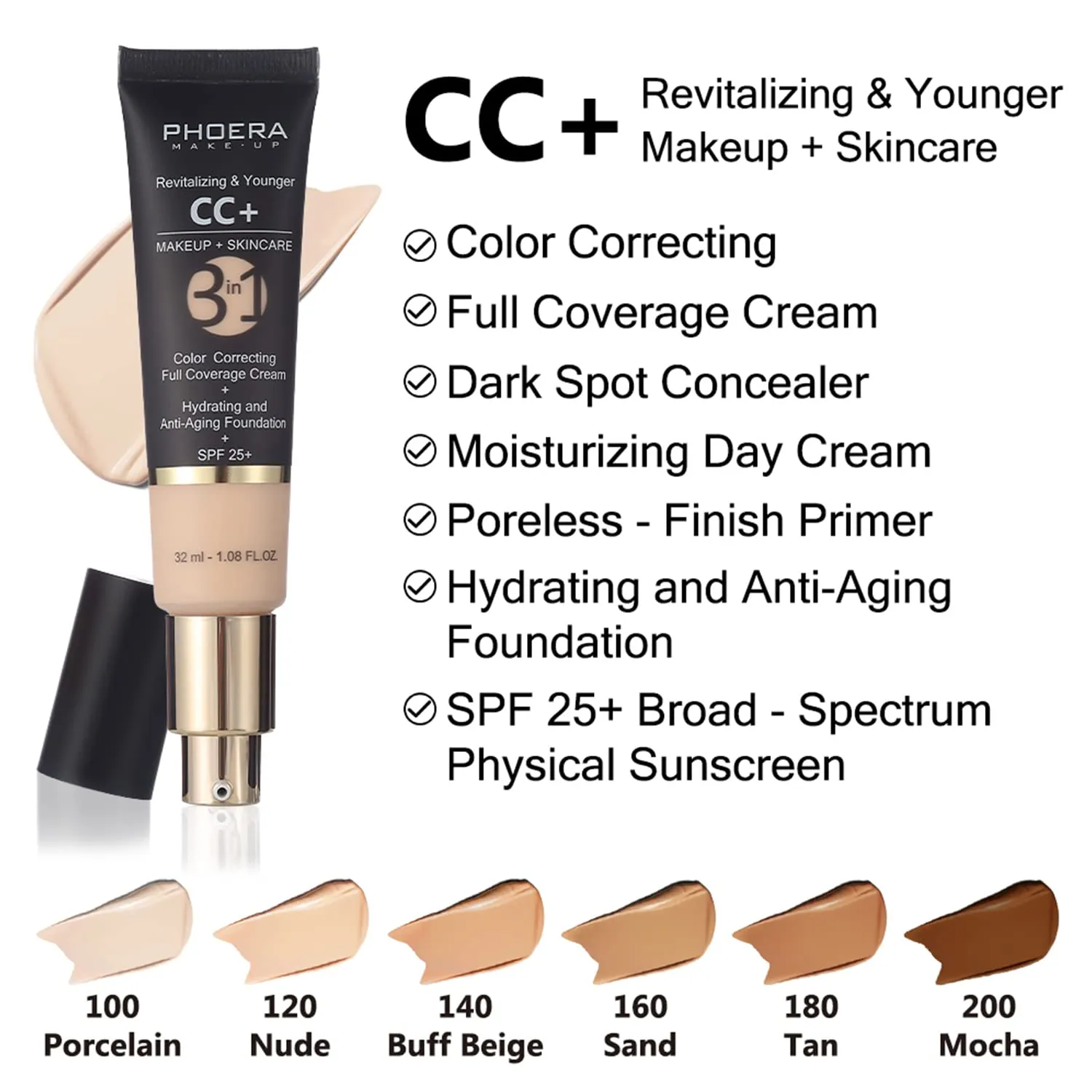 PHOERA CC Cream Foundation With SPF,PHOERA Full Coverage Foundation Color Correcting Cream,Anti Aging Hydrating Serum & SPF 25  Sunscreen Natural Finish1.08 floz (120 Nude 140 Buff Beige)