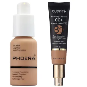 PHOERA Foundation Full Coverage,PHOERA CC Cream Color Correcting Anti Aging Hydrating Serum &SPF 25 ,PHOERA Makeup Wrinkles Matte Natural Finish for a Flawless Complexion(105 160/Sand Sand)