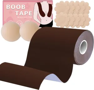 Plus Size Boob Tape 6 inch, Big Boobtape for Breast Lift D-G Cup Push Up, Breast Lift Tape for Large Breasts, Bra Tapes Lift with 2 Reusable Nipple Covers 10 Satin Nipple Pasties Brown