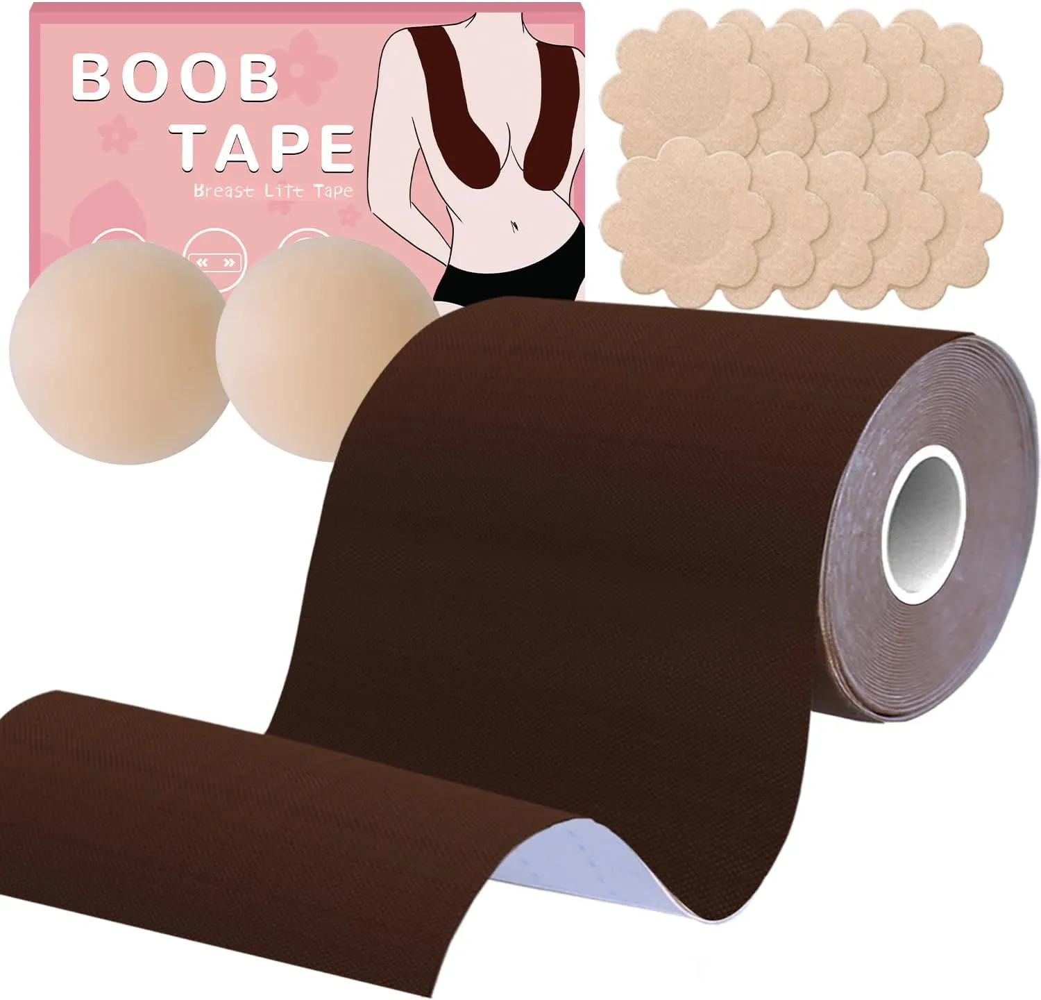 Plus Size Boob Tape 6 inch, Big Boobtape for Breast Lift D-G Cup Push Up, Breast Lift Tape for Large Breasts, Bra Tapes Lift with 2 Reusable Nipple Covers 10 Satin Nipple Pasties Brown