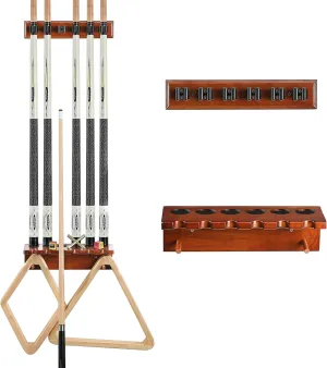 Pool Cue Rack Stick Holder - Wall Mount Billiards Pool Cue Rack Oak Solid Hardwood Pool Cue Set Holder for 6 Cues Sticks Storage Pool Table Accessories Equipment Organizer