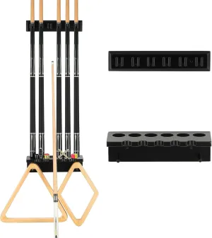 Pool Cue Rack Stick Holder - Wall Mount Billiards Pool Cue Rack Oak Solid Hardwood Pool Cue Set Holder for 6 Cues Sticks Storage Pool Table Accessories Equipment Organizer